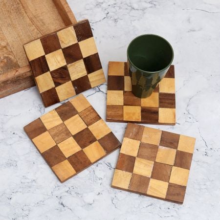 Brown Check Pattern Wooden Coasters for Decor - Pack of 4